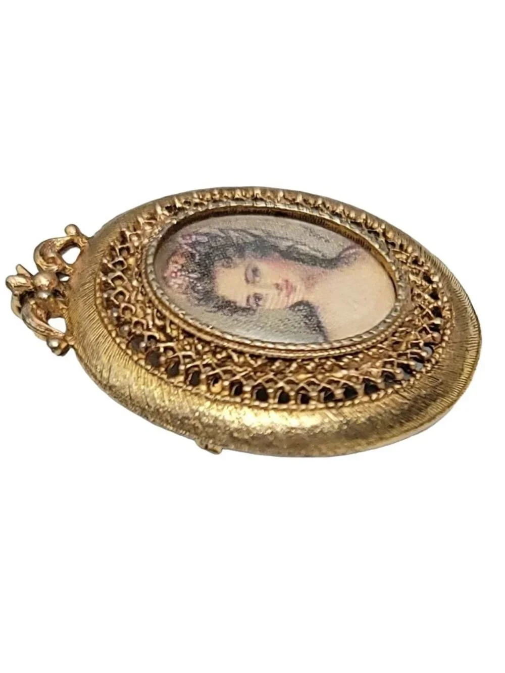 Florenza Gold-Tone Filigree Oval Cameo Photo Brooch Pin Pendant, Signed